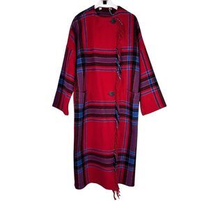 Gallery Brand Wool Long Blanket Coat Red Plaid